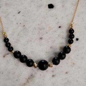 14k Solid Gold (585 Italy) Dainty Necklace Onyx Gold Beads